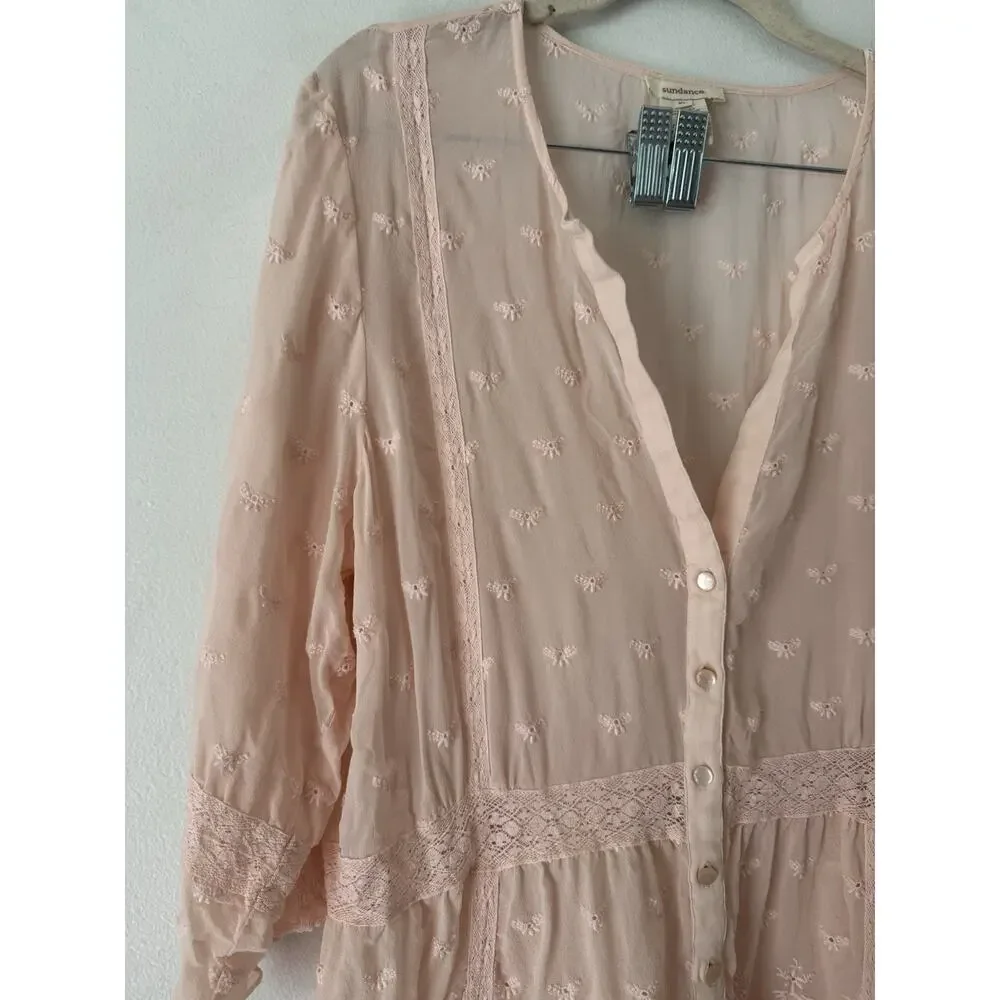 Sundance Pink 100% Silk Embroidered Sheer Button Front Blouse Size XL - Picture 3 of 6